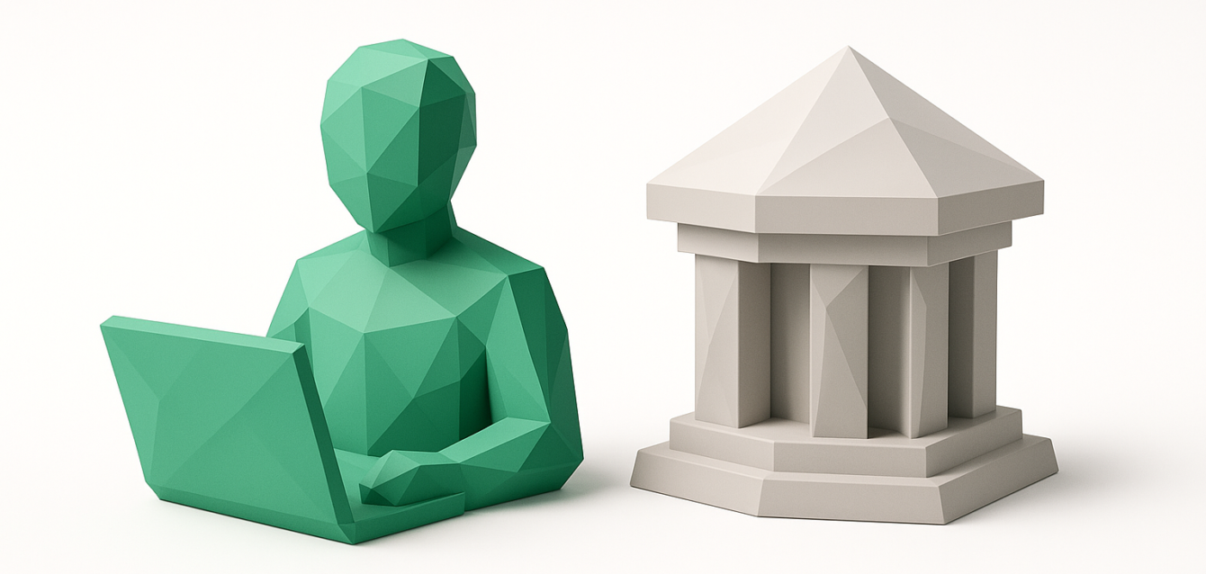 Low-poly green freelancer with a laptop beside a classical agency icon, symbolizing the freelancer vs agency decision for AI projects (2026 guide)