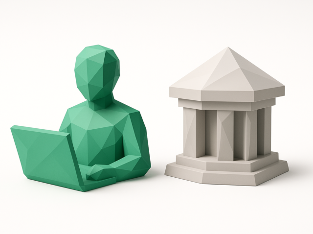 Low-poly green freelancer with a laptop beside a classical agency icon, symbolizing the freelancer vs agency decision for AI projects (2026 guide)