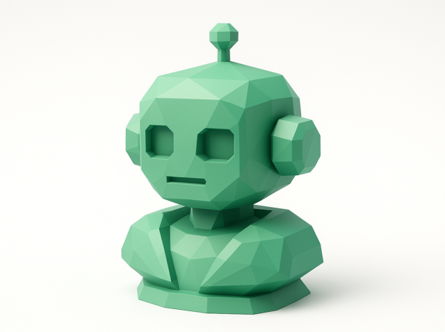 Beyaz bir arka plan üzerinde düşük poli yeşil robot büstü, ajan yapay zekayı, otonom sistemleri ve 2026 görünümünü temsil ediyor.