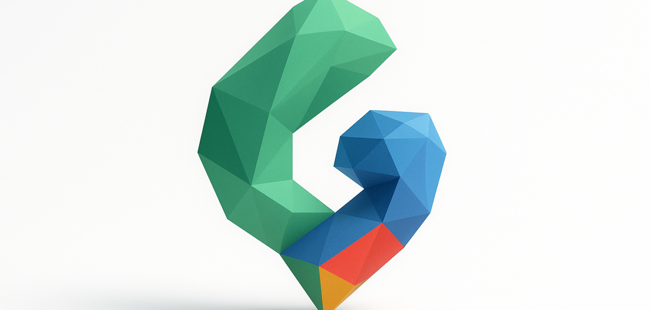 Low-poly green and blue geometric emblem with red and yellow accents on a white background, a stylized representation of Google Gemini Nano for Edge AI in 2026.