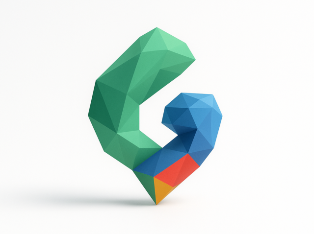 Beyaz arka plan üzerinde kırmızı ve sarı vurgulara sahip düşük poli yeşil ve mavi geometrik amblem, 2026'da Edge AI için Google Gemini Nano'nun stilize bir temsili.