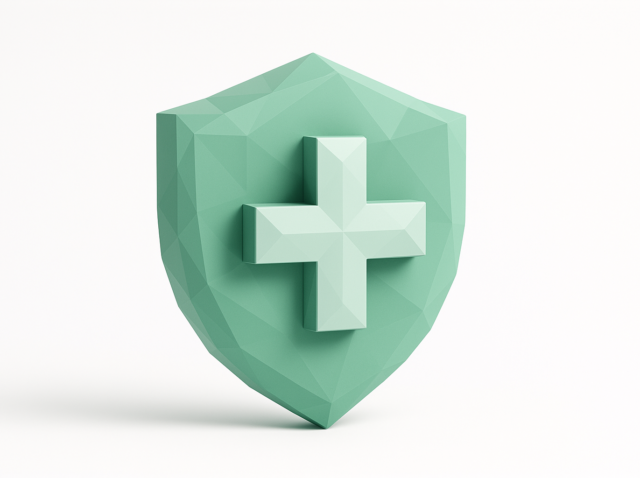 3D mint-green shield with a medical cross representing healthcare automation services, security, and cost-saving efficiency