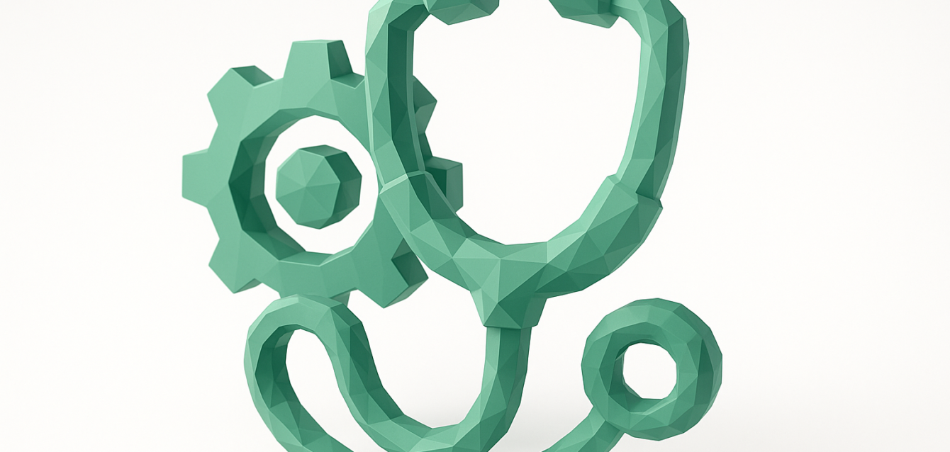 Low-poly green stethoscope entwined with a gear icon, symbolizing AI-driven healthcare operational efficiency and automation