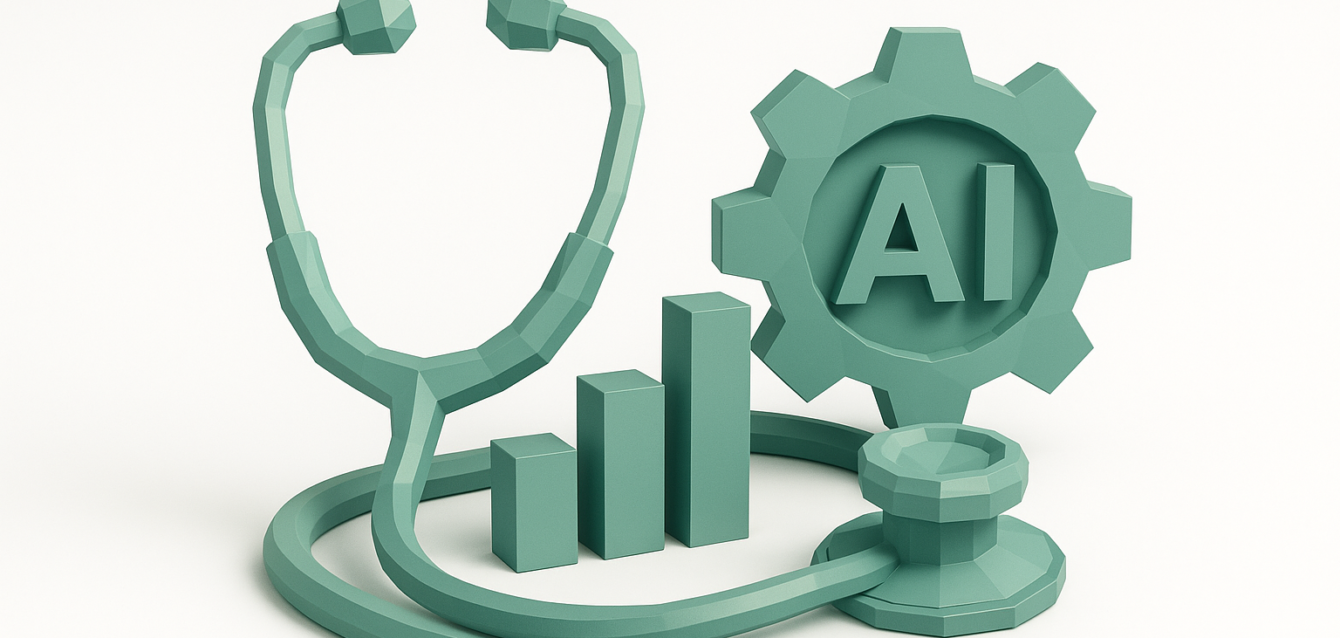 3D teal stethoscope wrapped around an ascending bar chart beside a gear labeled 'AI', symbolizing AI-driven analytics and efficiency improvements in healthcare operations