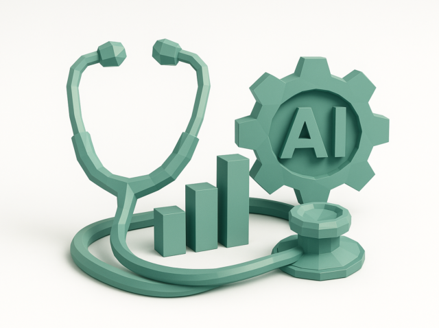 3D teal stethoscope wrapped around an ascending bar chart beside a gear labeled 'AI', symbolizing AI-driven analytics and efficiency improvements in healthcare operations