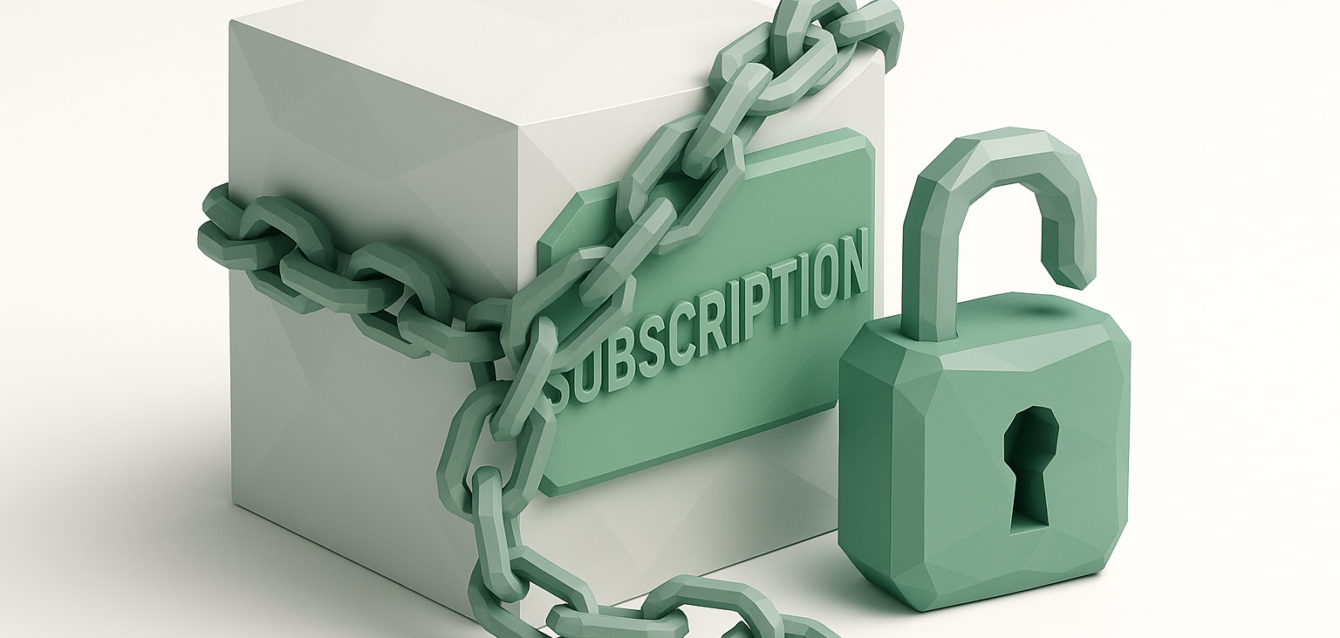 3D illustration of a box labeled 'SUBSCRIPTION' wrapped in heavy chains with an unlocked padlock, symbolizing hidden SaaS subscription costs eating into company profits