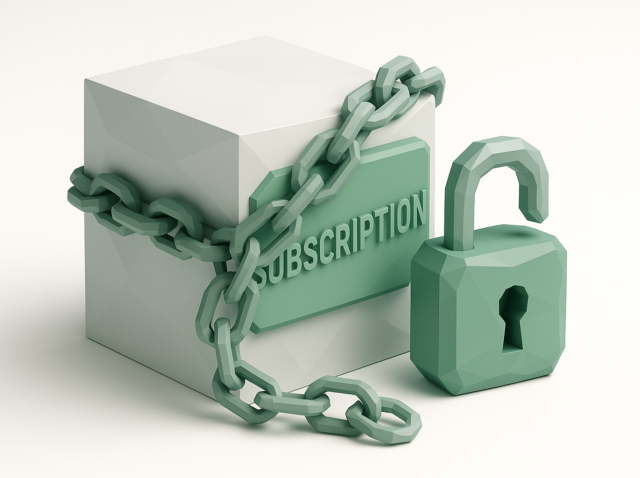 3D illustration of a box labeled 'SUBSCRIPTION' wrapped in heavy chains with an unlocked padlock, symbolizing hidden SaaS subscription costs eating into company profits