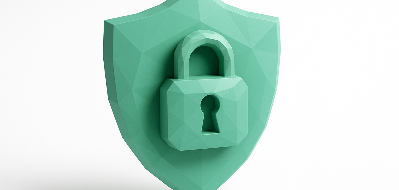 3D low-poly teal shield with a padlock on a white background representing secure, HIPAA-compliant AI automation and data protection for healthcare teams