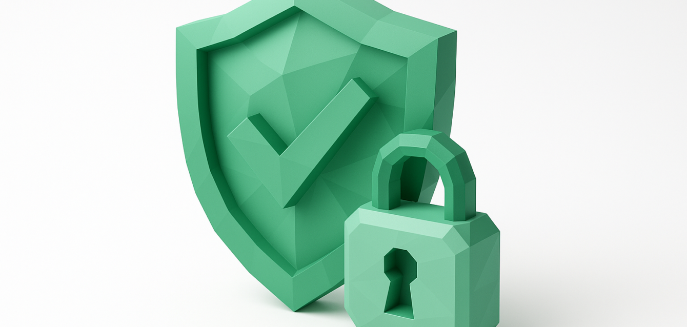 Green low-poly shield with checkmark and padlock representing HIPAA-compliant AI security for protecting patient data and medical records