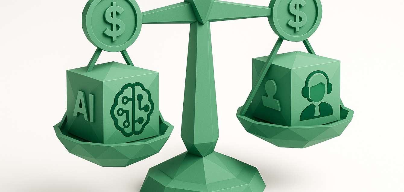 Green balance scale comparing costs with an AI cube (brain icon, 'AI') on one side and a virtual assistant cube (headset icon) on the other, each weighed under dollar symbols — visual for hiring a VA vs AI agent cost comparison.