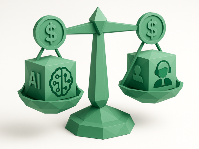 Green balance scale comparing costs with an AI cube (brain icon, 'AI') on one side and a virtual assistant cube (headset icon) on the other, each weighed under dollar symbols — visual for hiring a VA vs AI agent cost comparison.