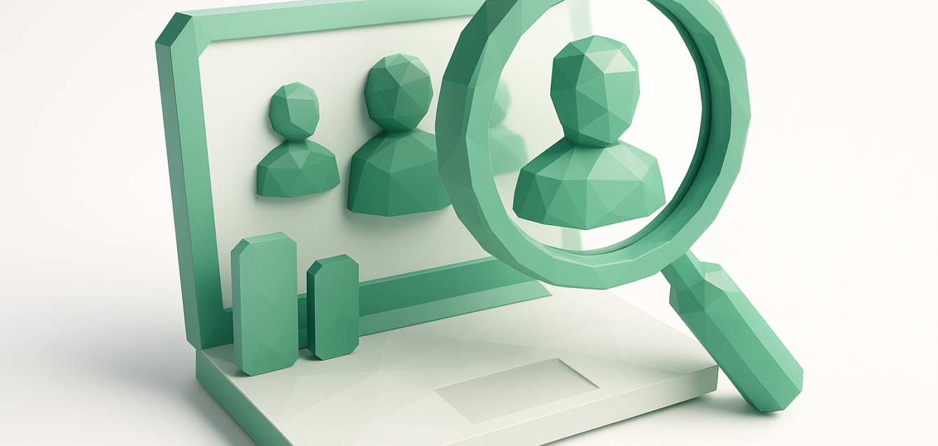 Low-poly green illustration of user avatars on a laptop screen with a magnifying glass highlighting one avatar, symbolizing selecting and recruiting research agents for a team.