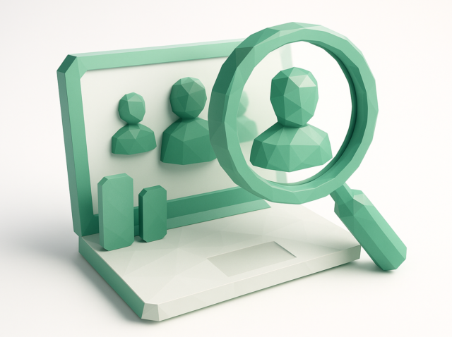 Low-poly green illustration of user avatars on a laptop screen with a magnifying glass highlighting one avatar, symbolizing selecting and recruiting research agents for a team.
