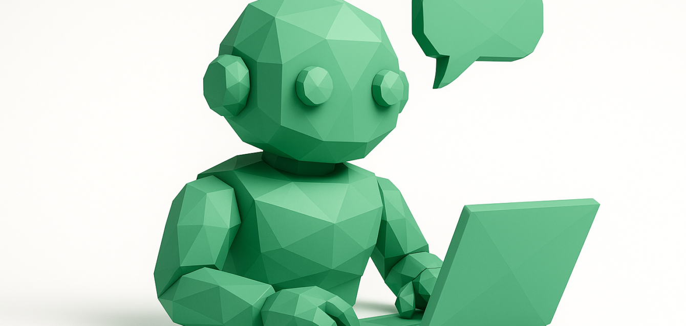 Low-poly green AI chatbot typing on a laptop with a speech bubble, representing an HR chatbot answering employee questions