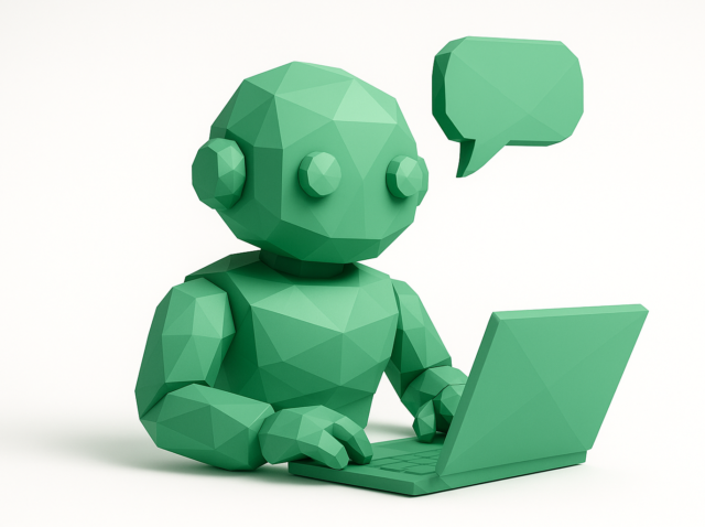 Low-poly green AI chatbot typing on a laptop with a speech bubble, representing an HR chatbot answering employee questions