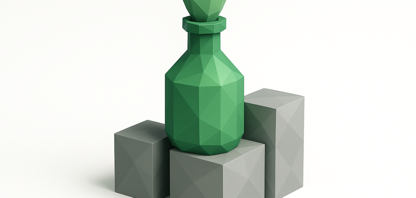 3D polygonal green bottle perched on gray block pillars, symbolizing a business bottleneck and process constraints for a 2026 action plan