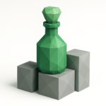 3D polygonal green bottle perched on gray block pillars, symbolizing a business bottleneck and process constraints for a 2026 action plan