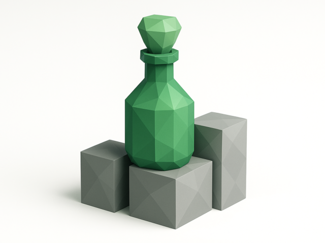 3D polygonal green bottle perched on gray block pillars, symbolizing a business bottleneck and process constraints for a 2026 action plan