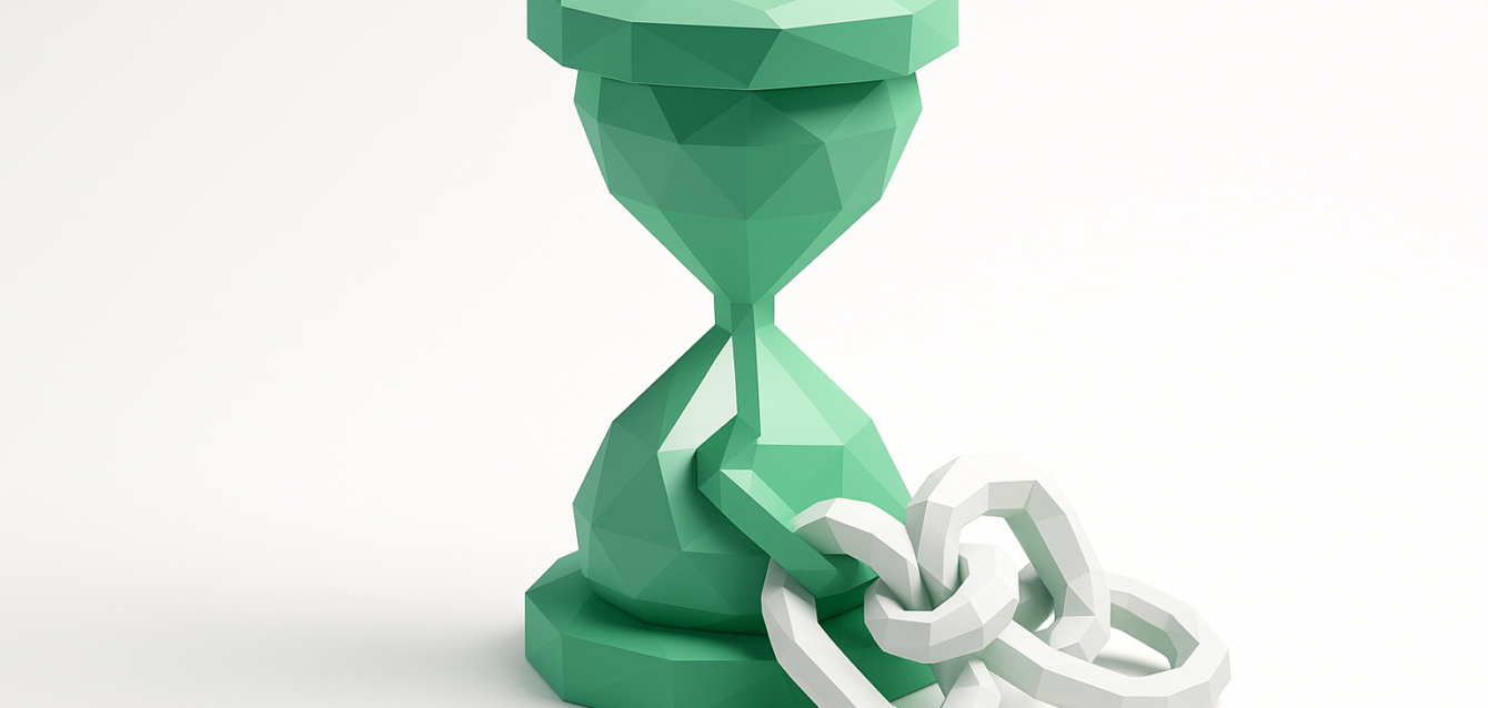 Low-poly green hourglass wrapped by white chain links on a white background, representing time constraints and process bottlenecks in business operations.