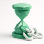 Low-poly green hourglass wrapped by white chain links on a white background, representing time constraints and process bottlenecks in business operations.
