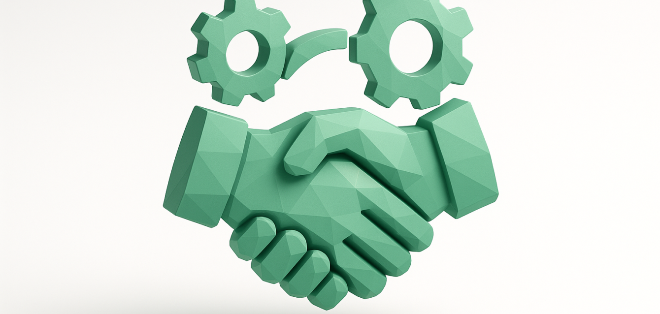 Green low-poly 3D handshake icon with two gears above, representing CrewAI and n8n integration for hybrid agent workflows and automated orchestration.