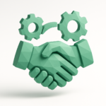 Green low-poly 3D handshake icon with two gears above, representing CrewAI and n8n integration for hybrid agent workflows and automated orchestration.