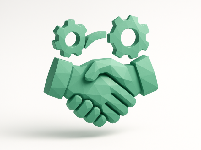 Green low-poly 3D handshake icon with two gears above, representing CrewAI and n8n integration for hybrid agent workflows and automated orchestration.