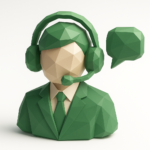 Low-poly green AI agent bust wearing a headset and microphone with a speech bubble, symbolizing a LangChain agent or chatbot for a tutorial on building practical agents