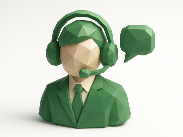 Low-poly green AI agent bust wearing a headset and microphone with a speech bubble, symbolizing a LangChain agent or chatbot for a tutorial on building practical agents