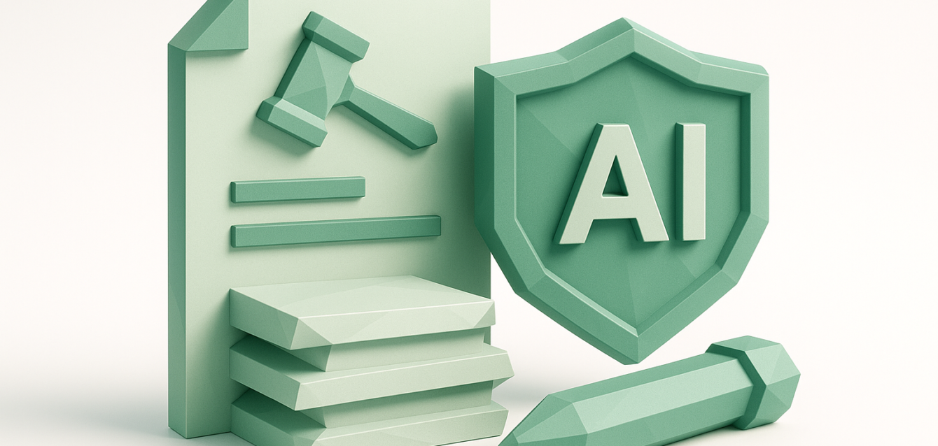 3D green icons of a legal document with gavel, stacked papers and shield labeled AI representing AI-powered legal document summaries for faster reviews