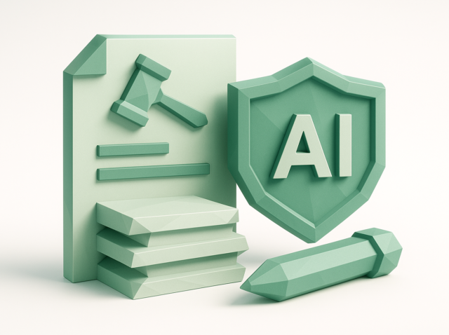 3D green icons of a legal document with gavel, stacked papers and shield labeled AI representing AI-powered legal document summaries for faster reviews