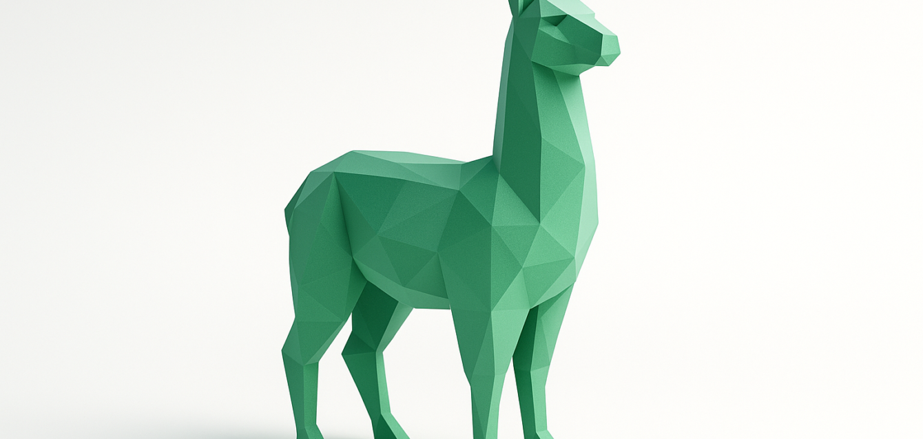 Green low-poly 3D llama sculpture on white background symbolizing Llama 3 Nano performance—fast, cheap, and private AI