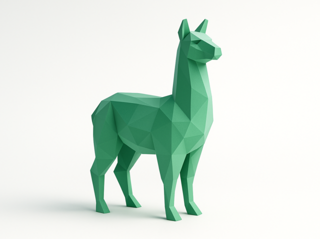 Llama 3 Nano performansını simgeleyen beyaz zemin üzerine yeşil düşük poli 3D lama heykeli - hızlı, ucuz ve özel yapay zeka