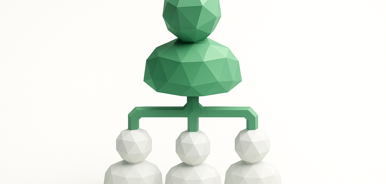 Manager-Agent Workflow Model: Visual Diagram for Building a Digital Team Low-poly green manager icon linked to three white agent nodes, illustrating a manager-agent workflow model for building a digital team.