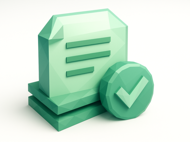 Green low-poly 3D stack of documents with a checkmark, symbolizing completed new‑hire paperwork and automated onboarding processes