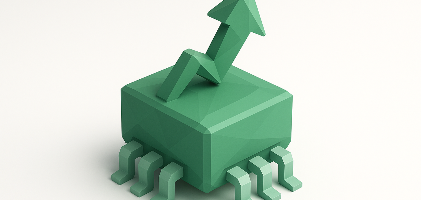 Green low-poly microchip with an upward arrow, symbolizing nano AI models improving efficiency and reducing AI costs