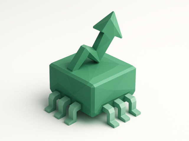 Verimliliği artıran ve YZ maliyetlerini azaltan nano YZ modellerini simgeleyen, yukarı doğru oklu yeşil düşük poli mikroçip