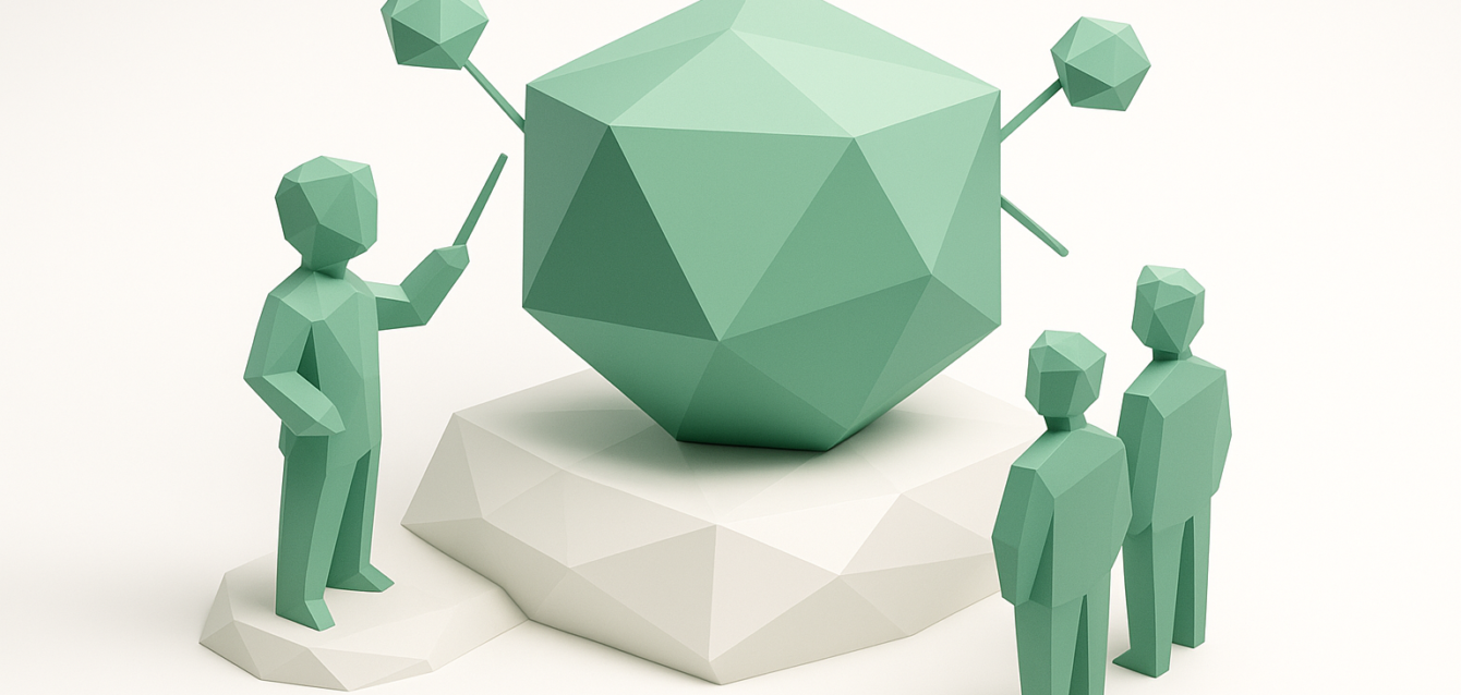 Orchestrating AI Agents for Business - Team Visualizing Connected Agent Network Low-poly illustration of a presenter orchestrating connected AI agent nodes around a central polyhedron while a business team watches, symbolizing AI agent orchestration for business