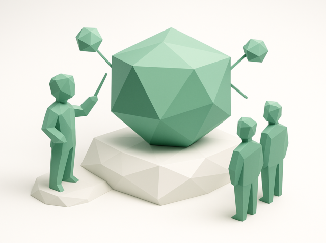 Low-poly illustration of a presenter orchestrating connected AI agent nodes around a central polyhedron while a business team watches, symbolizing AI agent orchestration for business