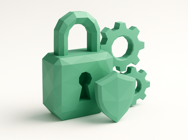 Low-poly green padlock, shield and gears on a white background representing cybersecurity and automation risks related to outsourcing automation