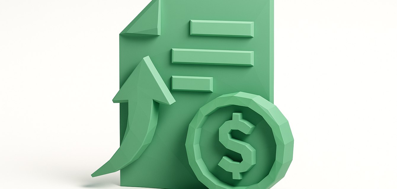 Green 3D illustration of a payroll document with an upward arrow and dollar coin, symbolizing payroll data automation to cut errors and save time.