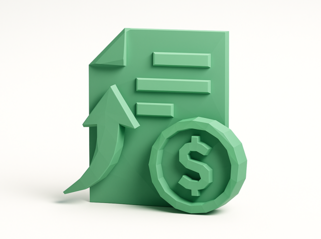 Green 3D illustration of a payroll document with an upward arrow and dollar coin, symbolizing payroll data automation to cut errors and save time.