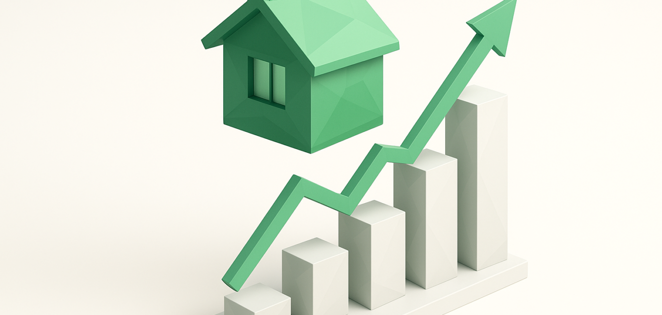 3D illustration of a green house hovering above a rising bar chart with an upward arrow, representing predictive analytics forecasting increasing property values