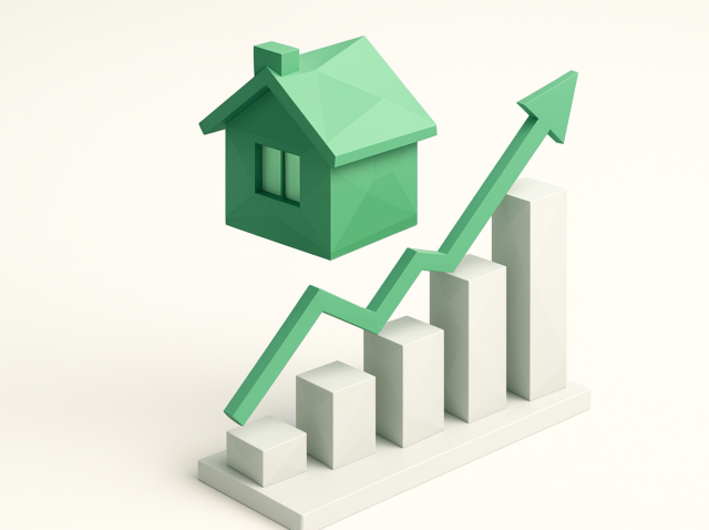 3D illustration of a green house hovering above a rising bar chart with an upward arrow, representing predictive analytics forecasting increasing property values