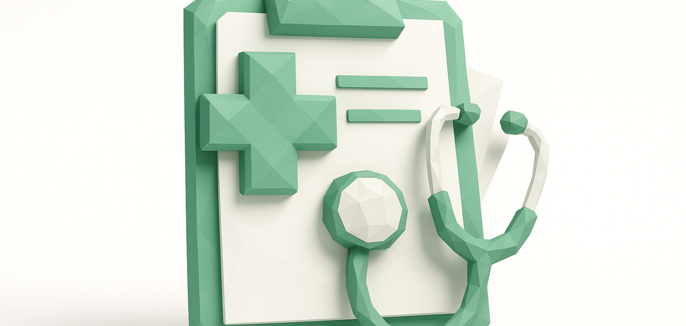 3D green clipboard with a medical cross and stethoscope representing healthcare automation to reduce administrative burden