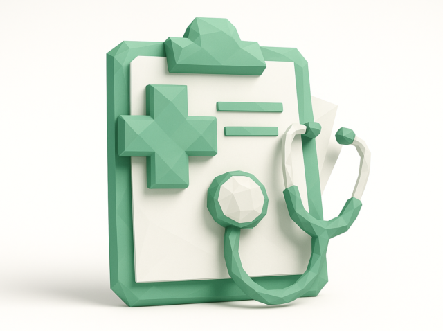 3D green clipboard with a medical cross and stethoscope representing healthcare automation to reduce administrative burden