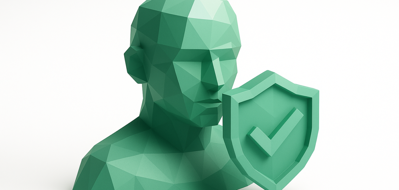 Trusted AI Agent Shield - Reducing Hallucinations Engineering Guide Low-poly green bust of a human head next to a shield with a checkmark, symbolizing trusted and verified AI agents and techniques for reducing hallucinations in AI systems - engineering guide