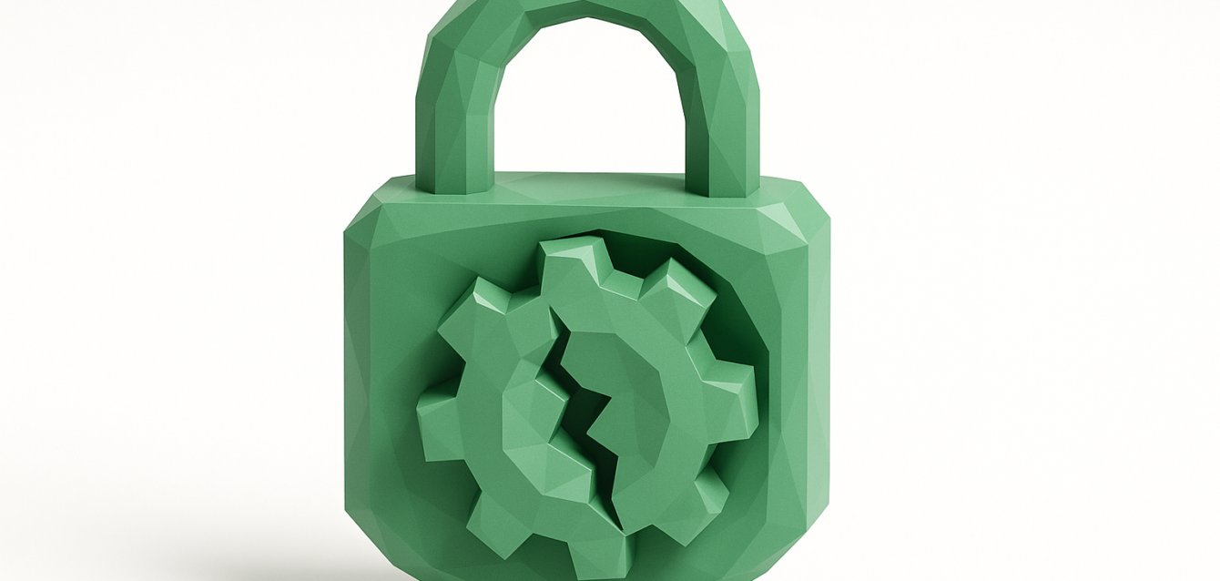 Green low-poly padlock with a cracked gear emblem symbolizing DIY business automation security risks