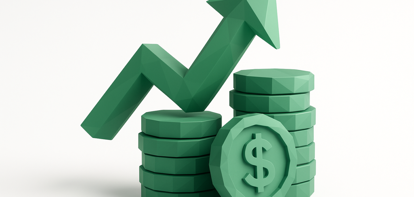 Green 3D stacks of coins with an upward arrow representing increased ROI and revenue growth from hiring an automation agency
