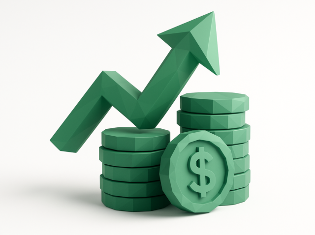 Green 3D stacks of coins with an upward arrow representing increased ROI and revenue growth from hiring an automation agency